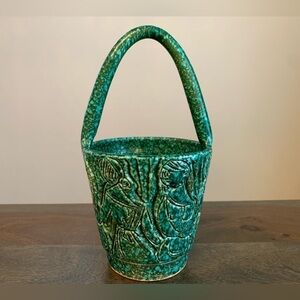 Fratelli Fanciullacci Decorative Basket Green Sgraffito Vintage MCM Made Italy.